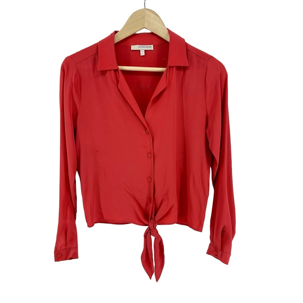 Lavender Brown Silk Button Down Front Tie Top